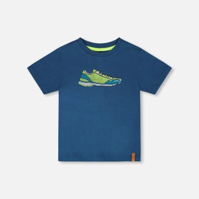 Organic Cotton Jersey T-Shirt With Print Dark Blue