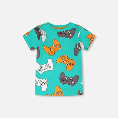 Organic Cotton Jersey T-Shirt Blue Printed Gamepads