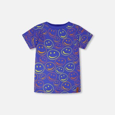 Organic Cotton Jersey T-Shirt Blue Smiley Print